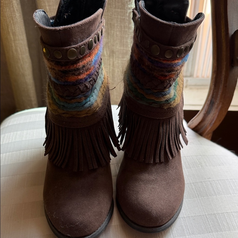 Mojo Moxy Chocolate Ankle Boots with Fringe and Colorful Braids